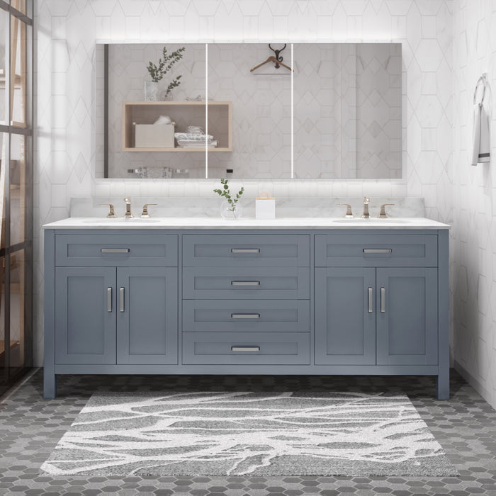 73'' Bathroom Vanity With Marble Top & Double Ceramic Sinks, 4 Doors, 4 Drawers, Gray