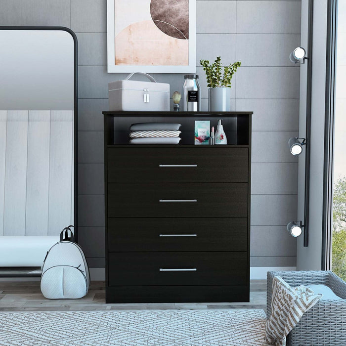 Modern Four Drawer Dresser With Hutch - Black