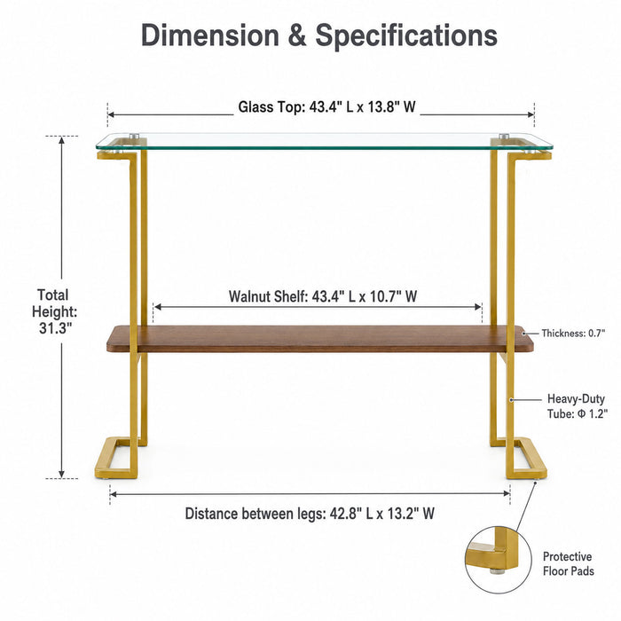 Console Table With Shelf, 2 Tier Living Room - Gold / Walnut Home Essentials