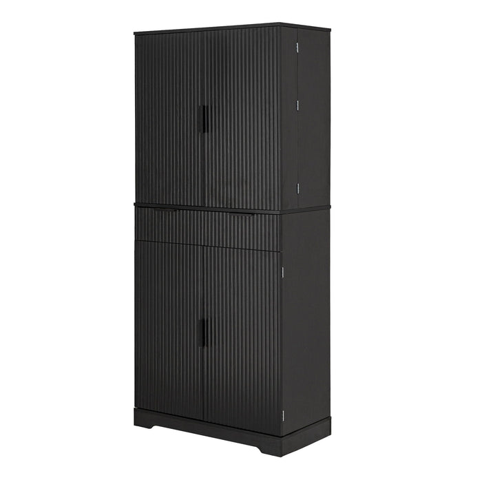 Fluted Kitchen Pantry Cabinet With 3 Keyboard Drawers & 6 Door Shelves Adjustable Home Essentials
