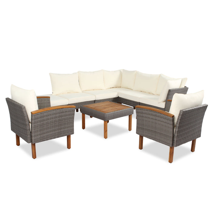 9 Piece Patio Rattan Furniture Set, Outdoor Conversation Set With Acacia Wood Legs And Tabletop, PE Rattan Sectional Sofa Set With Coffee Table, Washable Cushion