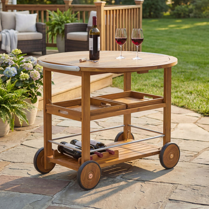 Outdoor Bar Cart With Foldable Tabletop & Removable Trays - Teak Noble House