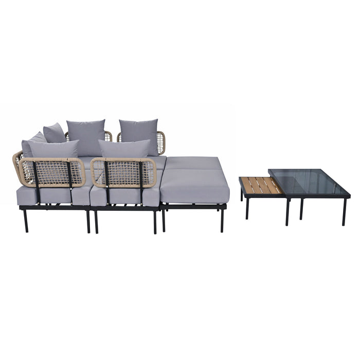 Trexm 8 Piece Patio Sectional Sofa Set With Tempered Glass Coffee Table And Wooden Coffee Table For Outdoor Oasis, Garden, Patio And Poolside (Light Gray Cushion / Black Steel)