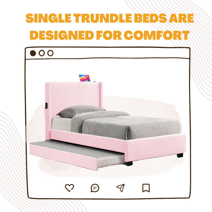 Twin Size Upholstered Bed Frame With Trundle Bed, Teddy Fabric, USB Functionality, And A Pocket Design On The Side Of The Headboard For Storing Small Items - Baby Pink