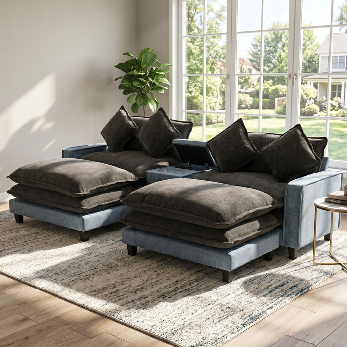 Sectional Sofa With Removable Ottomans, USB Ports, Cup Holders & Storage - Gray / Light Blue Hearth and Haven