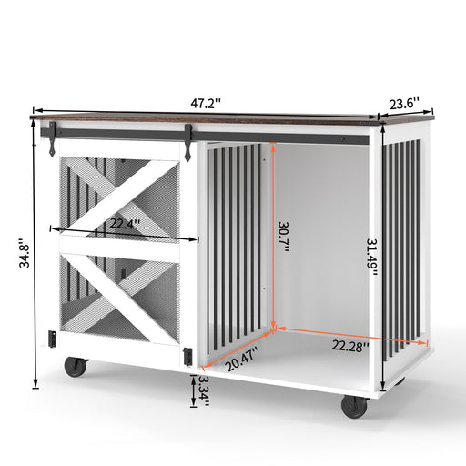 Mobile Dog Crate With Flip Top Feeding Door, Dual Access & 5 Caster System (2 Locking) - Brown White Home Essentials
