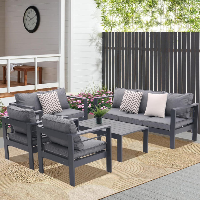 5 Piece Aluminum Outdoor Patio Conversation Set, All Weather Sectional Sofa Outside Furniture With Removable Cushions And Tempered Glass Coffee Table - Gray