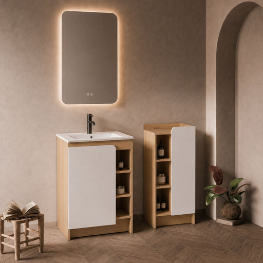 24" Bathroom Vanity With Sink & Side Cabinet, Vanity Set With Thin Edge Sink & Interchangeable Door Panels, Bathroom Storage - Black / Light Oak / White Home Essentials