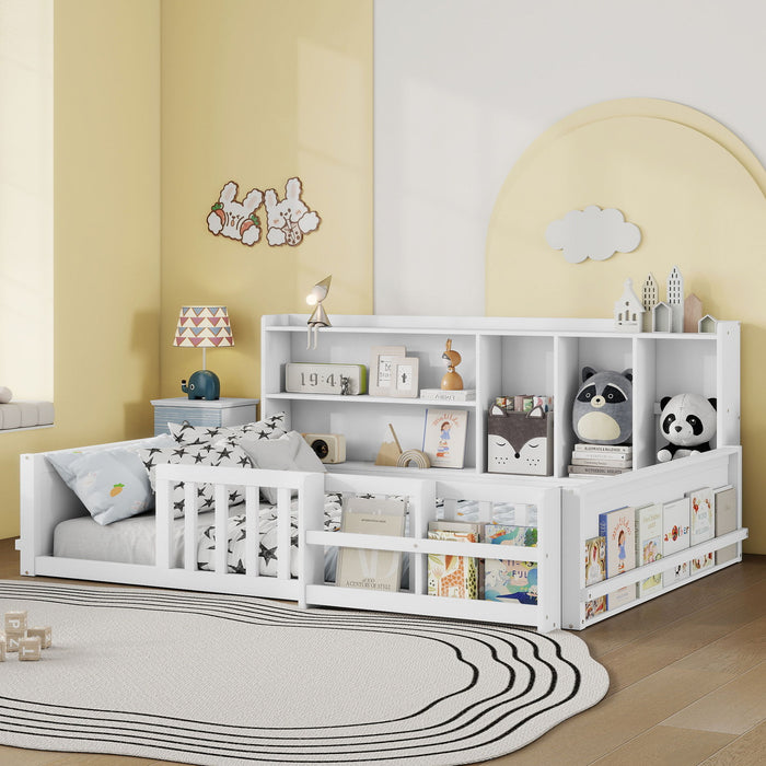 Platform Bed Frame With Guardrail, Storage Shelves & Bookshelf Home Essentials