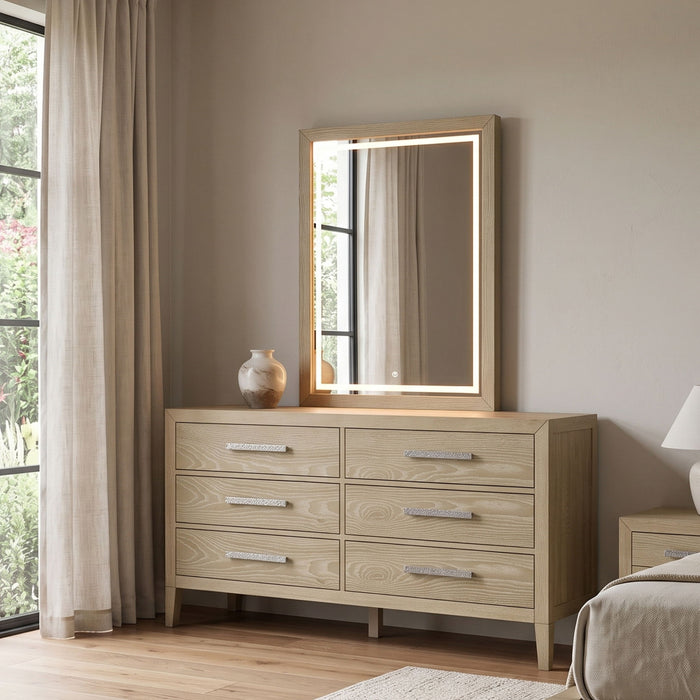 Adeline - 6 Drawers Dresser & Mirror With Jewelry Box & LED Light - Natural Wood Wash Home Essentials