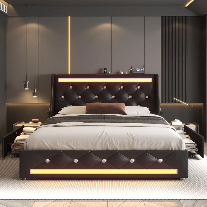 Wingback Upholstered Bed Frame With LED Lights, Charging Station Home Essentials