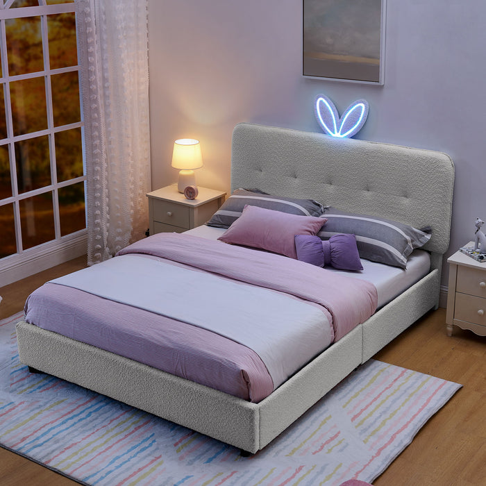 Upholstered Bed With Oversized Rabbit Ear Headboard, LED Lights & 4 Storage Drawers Home Essentials