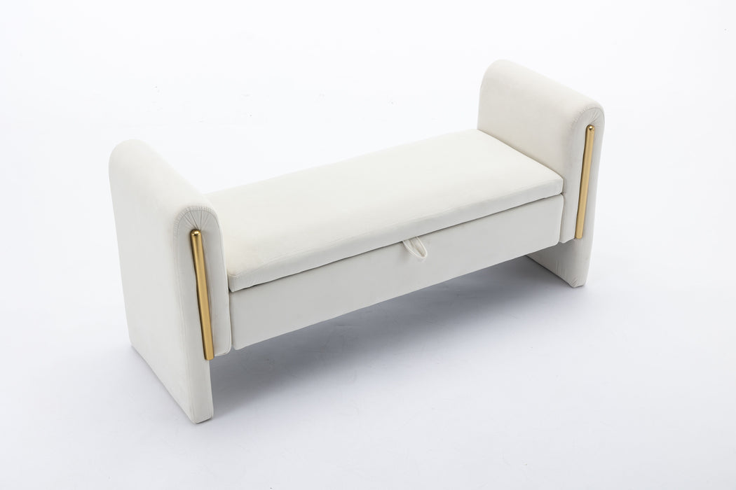 Velvet Fabric Storage Bench Bedroom Bench With Gold Metal Trim Strip For Living Room Bedroom Indoor, Ivory