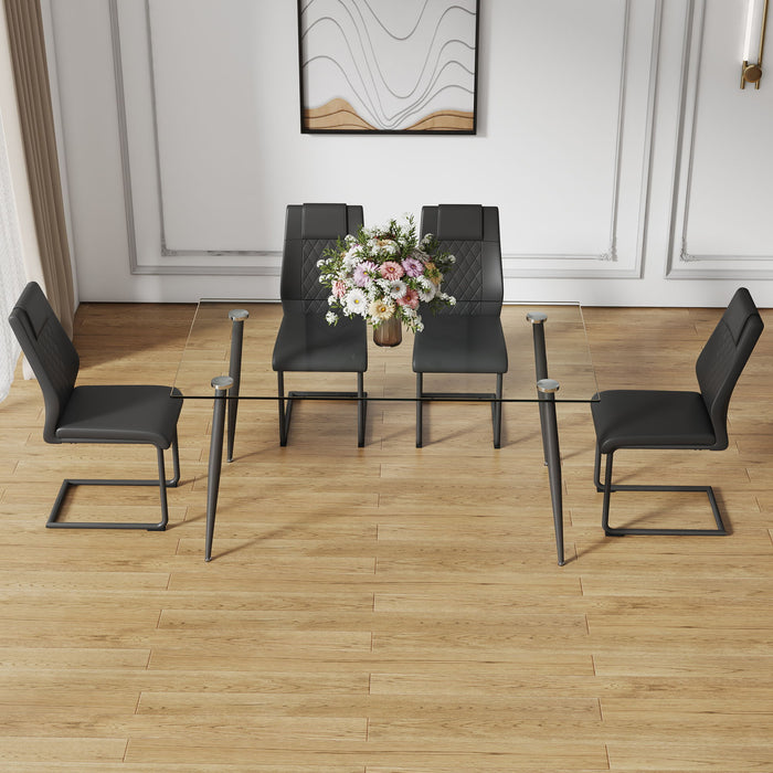 1 Table And 4 Chairs Set, Rectangular Table With Transparent Tabletop And Black Metal Legs, Paired With 4 Chairs With PU Leather Cushioned Seats And Black Metal Legs Transparent Glass / Metal