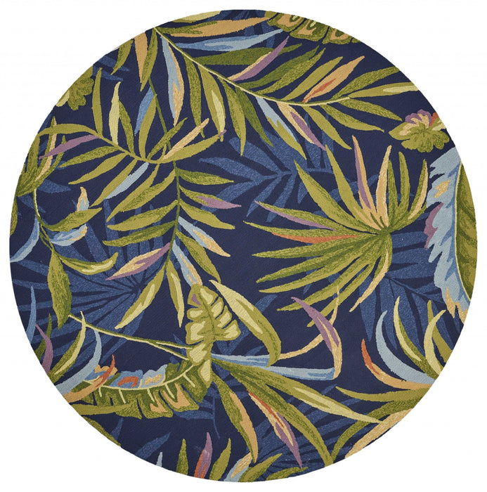 8' Hand Hooked UV Treated Oversized Tropical Leaves Round Indoor / Outdoor Area Rug - Ink Blue