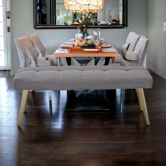 Upholstered Linen Blend Dining Bench - Gray / Antiqued Brass