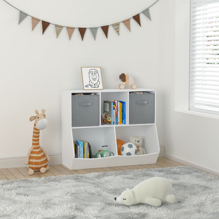 Kids Bookcase With Collapsible Fabric Drawers, Children's Toy Storage Cabinet For Playroom, Bedroom, Nursery, School - White / Gray