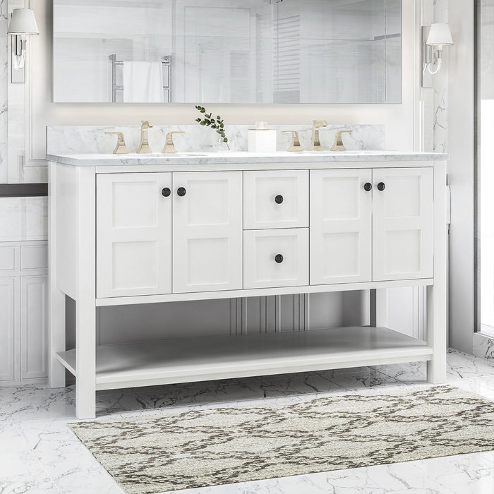 61'' Bathroom Vanity With Marble Top & Double Ceramic Sinks, 4 Doors, 2 Drawers, Open Shelf, White