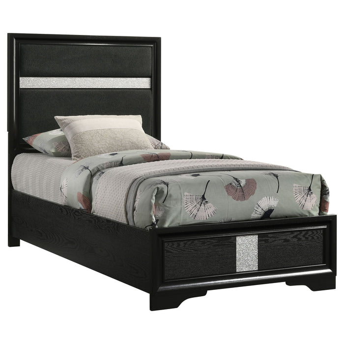 Panel Bed With Padded Headboard And Glittering Accent Stripes Furniture Max