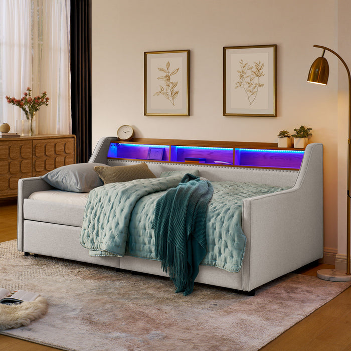 Twin Upholstered Sofa Bed With LED Lights, Storage Drawers, Adjustable Headboard & Wireless Charging - Beige Home Essentials