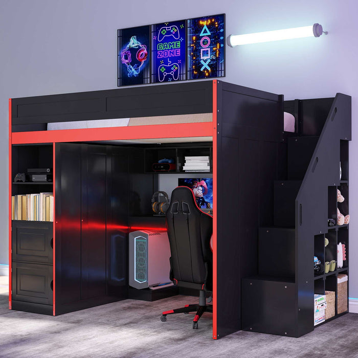 Gaming Loft Bed With Desk And Storage, LED Lights Hearth and Haven