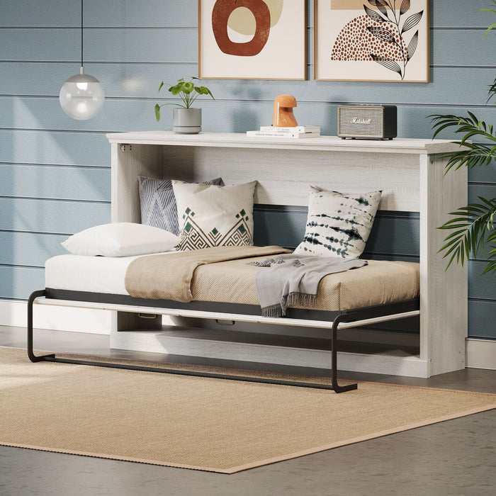 Twin Size Horizontal Murphy Bed With Dual Piston System, Space Saving Wall Bed Folds Into Cabinet - Rustic White Hearth and Haven