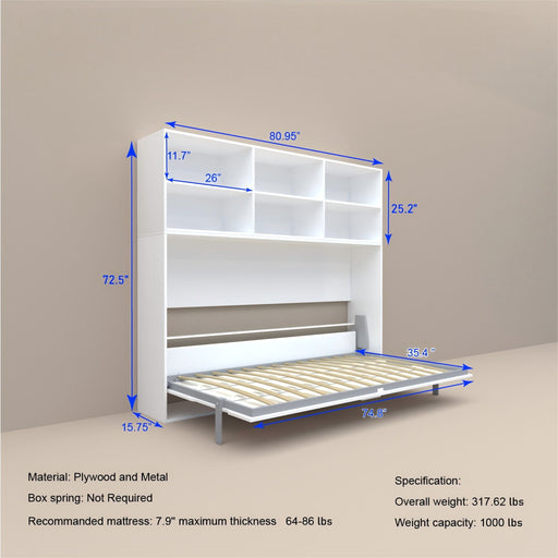 Mordern Design Twin Size Horizontal Murphy Bed With Shelf Storage For Bedroom Or Guestroom Wall Bed Space Saving Hidden Bed With New Style Gas Struts - White Home Essentials