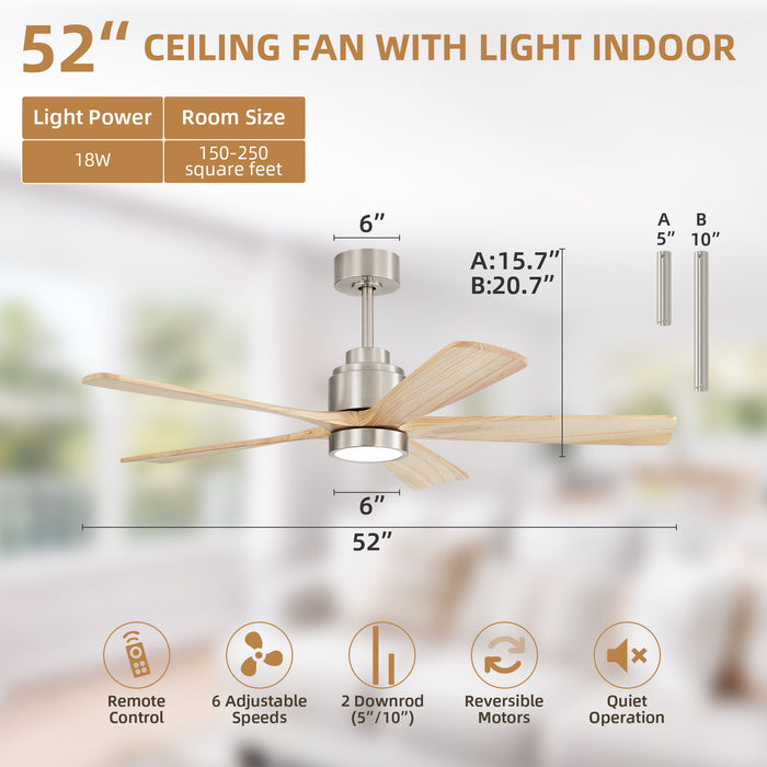 52" Ceiling Fan With Remote Control, Dimmable 3 Color Temperature LED Light, Quiet Reversible DC Motor Daily Nest