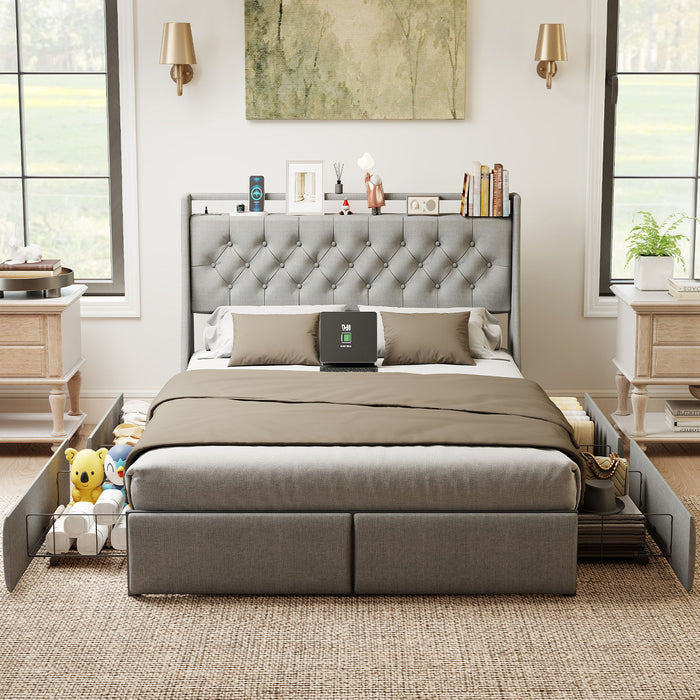 Platform Bed Frame With RGB LED Lights, Charging Station, Storage Headboard & 4 Underbed Drawers Home Essentials