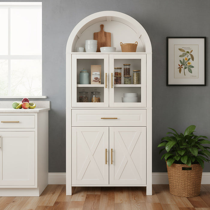 Arched Kitchen Pantry Cabinet With Adjustable Shelves & Barn Door Design Home Essentials