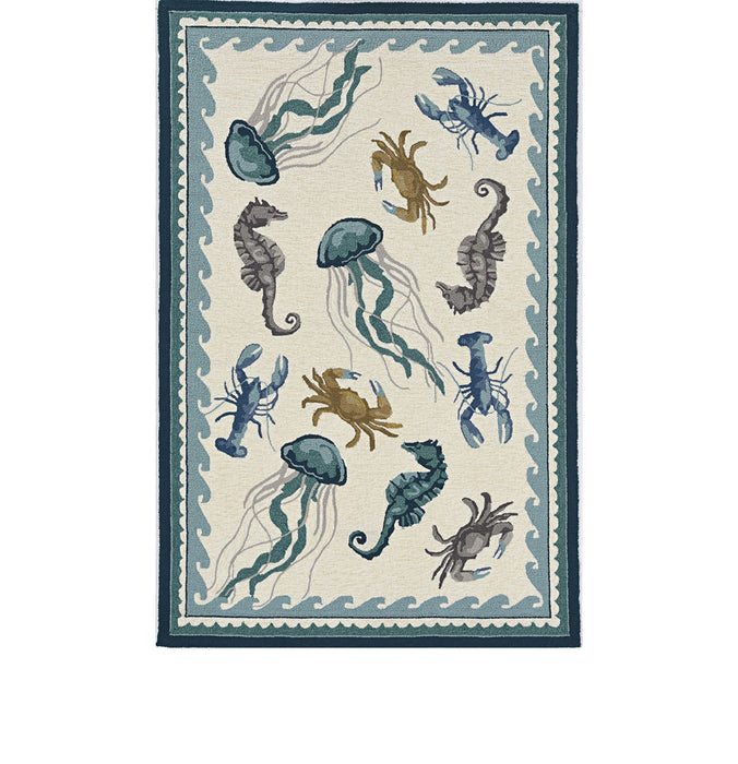 2' X 3' Hand Hooked UV Treated Bordered Coastal Sea Life Indoor / Outdoor Accent Rug - Ivory Teal