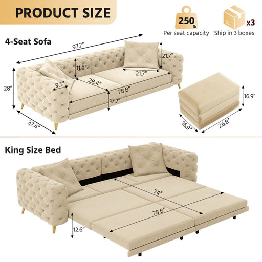 3 In 1 Convertible Sleeper Sofa, Pull Out Bed, Button Tufted, 4 Seater Couch With Movable Ottoman For Apartment - Apricot Home Essentials