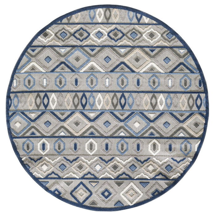 8' Round Round Abstract Stain Resistant Indoor / Outdoor Area Rug - Blue / Gray