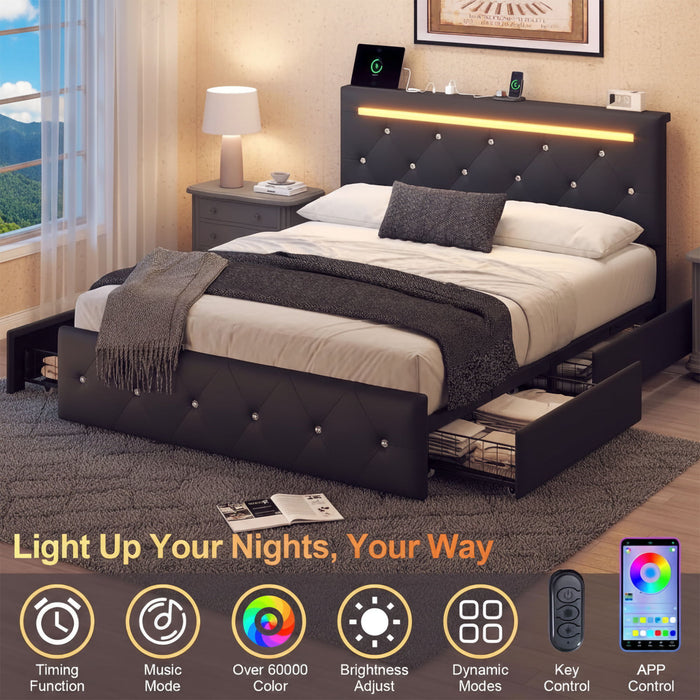 Upholstered Bed Frame With LED Lights, 4 Storage Drawers, Charging Station Home Essentials