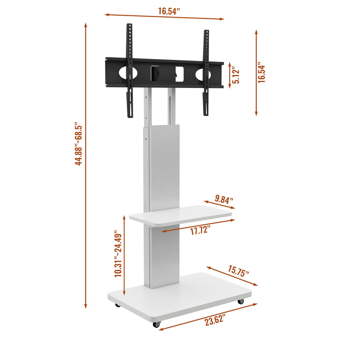 Mobile TV Stand With Shelf Floor Mount Cart For TVs With Lockable Wheels Ideal For Living Room Bedroom Or Office - White Home Essentials