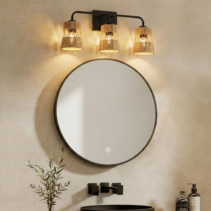 Moonlit - 3 Lights Wall Sconce With Shade, Bathroom Lighting Fixtures Over Mirror - Black / Rattan Ashcroft Furniture