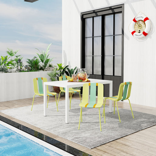 4 Piece Set Of Striped Color Blocking Single Chairs & Long Table - Grain Yellow / Haze Green / Tropical Orange / White Home Essentials