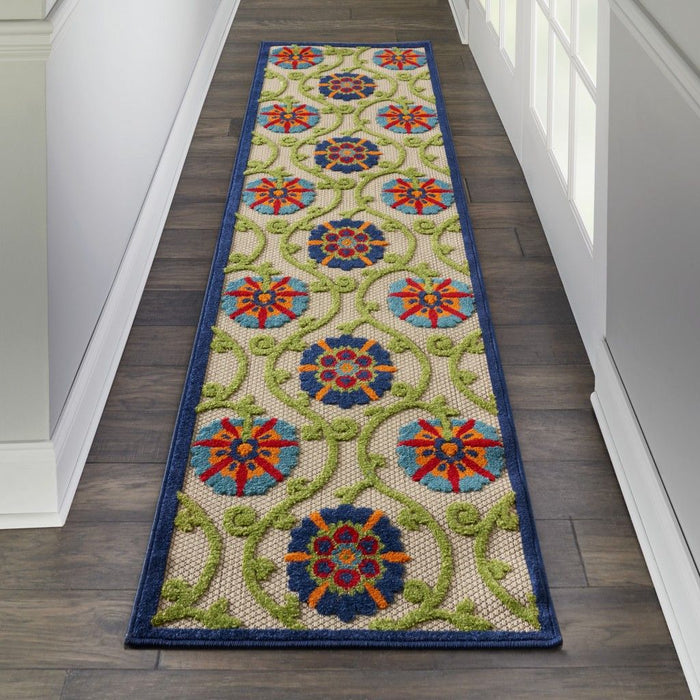 2' X 10' Floral Outdoor / Indoor Area Rug - Ivory / Blue