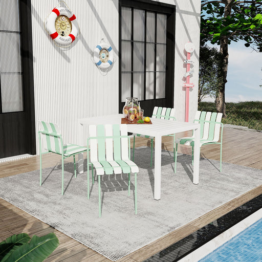 4 Piece Set Of Striped Color Blocking Single Chairs With Long Table - Cream White / Haze Green / White Home Essentials