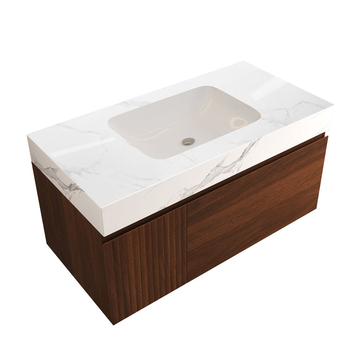 Floating Bathroom Vanity & Basin 1 Soft Close Drawer + 1 Cabinet, Wall Mounted - Walnut / White Home Essentials