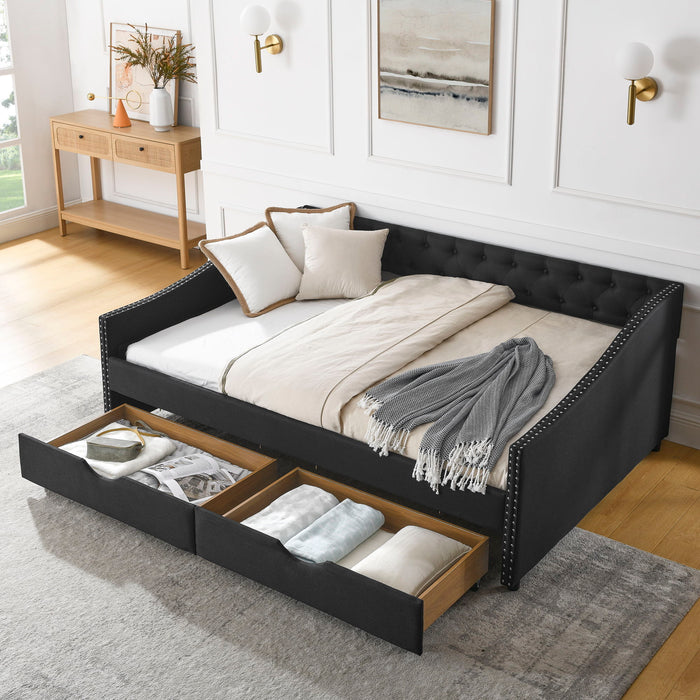 Upholstered Tufted Daybed With 2 Drawers, Waved Arms Home Essentials