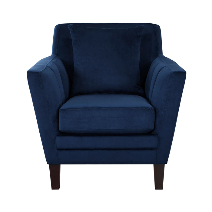 Stylish Home Accent Chair Blue Velvet Upholstery Matching Pillow Solid Wood Furniture Living Room 1 Piece