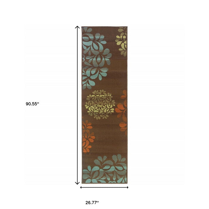 2' X 8' Floral Stain Resistant Indoor / Outdoor Area Rug - Brown