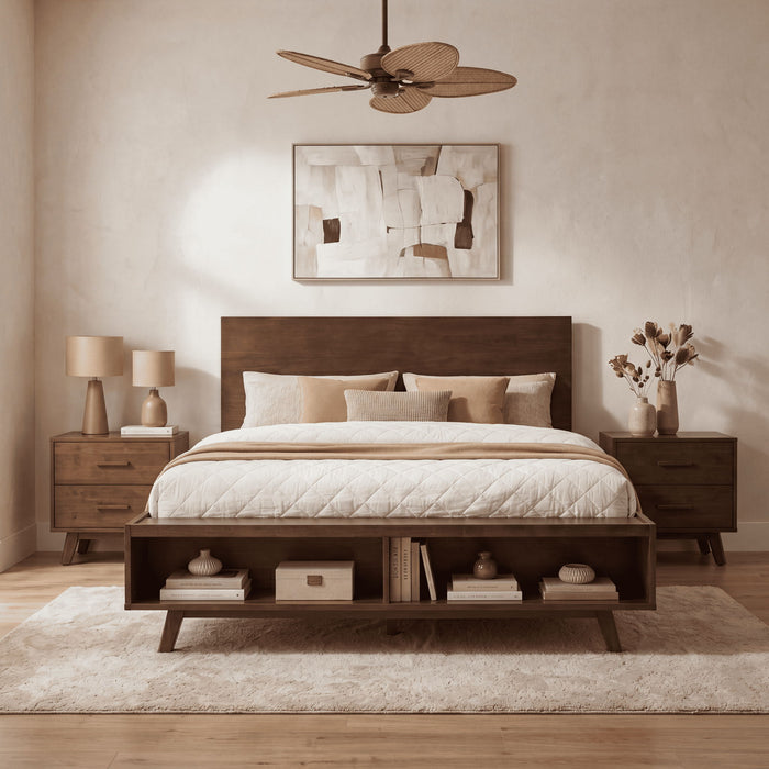 Queen Size Platform Bed Frame With Footboard Storage - Walnut Noble House