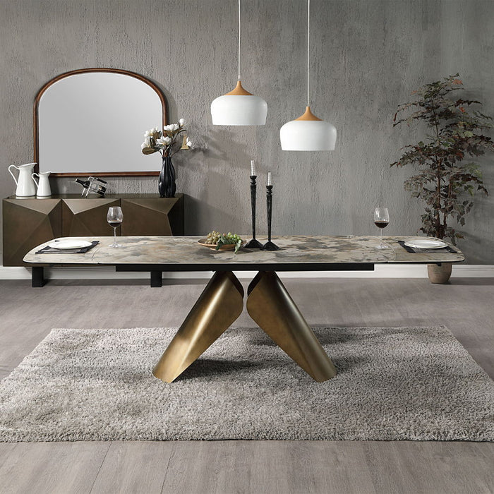 Malika - Ceramic Top Dining Table - Gray & Copper Cross Brushed