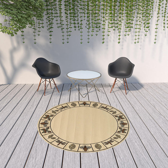 8' X 8' Round Abstract Stain Resistant Indoor / Outdoor Area Rug - Brown / Ivory