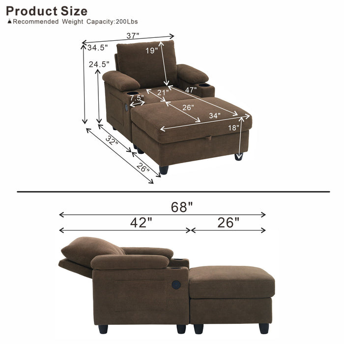 Accent Chair With Storage Ottoman, Reclining Single Chaise Lounge With Cupholders And USB, C Ports Home Essentials