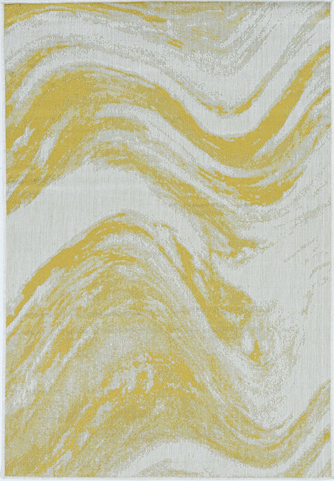 5' X 7' Machine Woven UV Treated Abstract Waves Indoor / Outdoor Area Rug - Ivory Gold