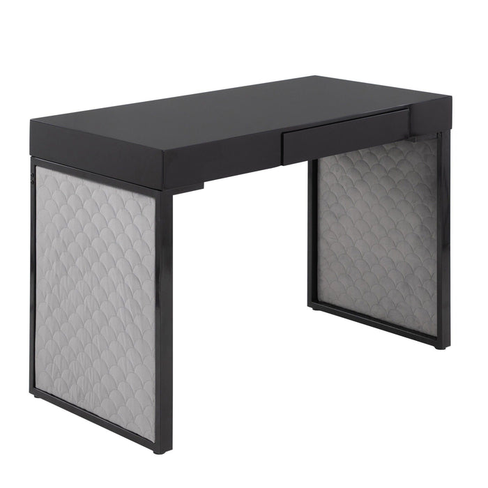 Drift Contemporary Upholsteredolstered Desk In Black Steel, Black Wood And Silver Velvet By Lumisource