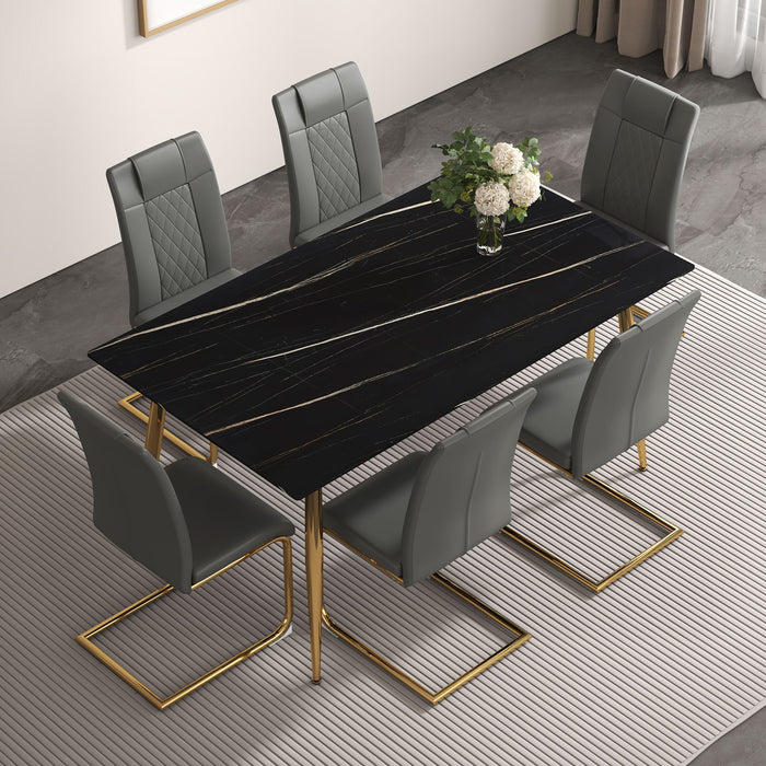 1 Table And 6 Chairs Set, Rectangular Dining Table With Black Imitation Marble Tabletop And Golden Metal Legs, Paired With 6 Chairs With Golden Metal Legs